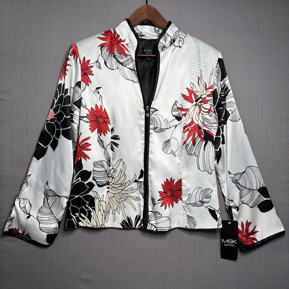 MSK Petite Full Zip Jacket Size PL Large Floral Red Black White Satin Finish NWT